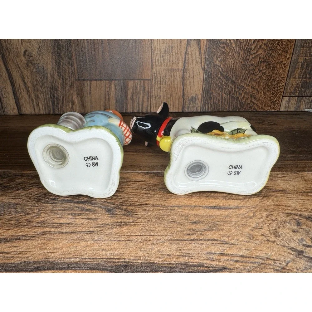 Cracker Barrel Salt Pepper Shakers Farmer‎ Cow Ceramic Farmhouse Country Set